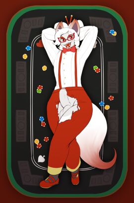 anthro atherol balls bottomwear bow_tie clothing crossed_legs dress_shirt erection eyewear footwear foreskin fur generation_8_pokemon genitals glasses grey_body grey_fur grey_penis hair half-closed_eyes hands_behind_head hi_res hisuian_form hisuian_zorua looking_at_viewer lying male narrowed_eyes nintendo object_in_mouth on_back pants penis pokemon pokemon_(species) poker poker_chip poker_table red_eyes regional_form_(pokemon) shirt shoes smile solo suspenders teeth topwear torn_bottomwear torn_clothing torn_pants uncircumcised white_hair zorua