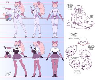 back_view bikini blue_eyes bow character_sheet english_text female front_view gynoid hairbow heart_pupils pink_hair ponytail robot robot_girl robot_humanoid robot_joints side_view socket_(zedrin) tagme text triangle_bikini white_bikini zedrin