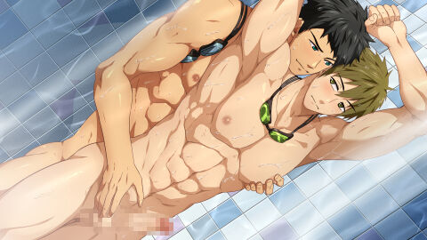 2boys abs aqua_eyes balls bara black_hair brown_eyes censored closed_mouth commentary_request completely_nude dutch_angle erection free! goggles goggles_around_neck green_eyes grin highres male male_focus mazjojo mosaic_censoring multiple_boys multiple_males muscular muscular_male nipple_stimulation nipple_tweak nipples nude paid_reward_available pectorals penis photoshop_(medium) short_hair showering smile tachibana_makoto testicles yamazaki_sousuke yaoi