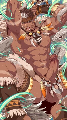 1boy abs absurdres armpits ass balls bara bare_pectorals brown_hair erection hand_on_own_face highres jewelry large_pectorals loincloth looking_at_viewer male male_focus mature_male mazjojo multicolored_hair muscular muscular_male navel necklace nipples paid_reward_available pectorals penis revealing_clothes short_hair sideburns snake solo spiked_hair spread_legs stomach sweat tangaroa_(housamo) tattoo testicles thick_thighs thighs tokyo_afterschool_summoners tooth_necklace tribal tribal_tattoo two-tone_hair white_hair white_snake yaoi yellow_eyes