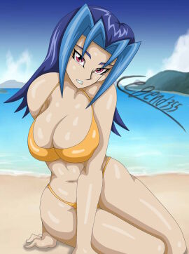 1girls abdomen aged_up barefoot beach_background blue_hair breasts color_edit daylight edit female hi_res huge_breasts human human_only kamishiro_rio kneeling legart355 looking_at_viewer mammal marin_(zexal) mature outdoors pose red_eyes rio_kamishiro seductive_look solo yu-gi-oh! yu-gi-oh!_zexal