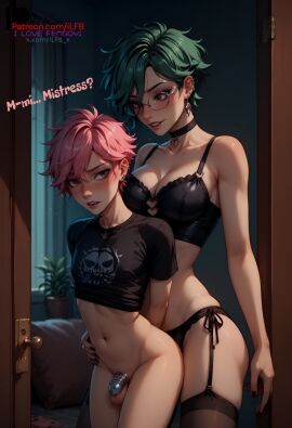 1boy 1futa ai_generated ambiguous_gender anal anal_sex balls bed bedroom big_breasts black_nail black_nail_polish black_nails blush bra breasts brown_hair bulge chastity_cage choker choker_only dickgirl dom dominant dominant_female dominant_futa domination dominatrix ear_piercing earrings embarrassed english english_text female femboy flat_chest fro from_behind_position futa_focus futa_on_male futanari glasses goth goth_girl gothic green_hair half-dressed ilfb imminent_sex intersex jewelry large_breasts looking_at_another looking_at_partner looking_back looking_down looking_pleasured looking_up male more open_mouth original otoko_no_ko panties pantyhose petite petite_body petite_male pillow pink_hair sex sex_from_behind short_hair shy smaller_male standing sub submissive submissive_male talking talking_to_another talking_to_partner testicles text text_box text_bubble trap used used_as_an_object used_like_a_toy yaoi