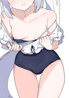 1girls areola blue_archive blue_one-piece_swimsuit blush breasts clothes_pull eyes_out_of_frame female female_only frown highres light-skinned_female light_skin long_hair miyako_(blue_archive) miyako_(swimsuit)_(blue_archive) morisobo nipples one-piece_swimsuit one-piece_swimsuit_pull ponytail rabbit_squad_(blue_archive) revealing_breasts shirt_pull showing_breasts simple_background small_breasts solo srt_special_academy_student swimsuit very_long_hair white_background