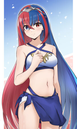 1girls alear_(fire_emblem) alear_(fire_emblem)_(female) alternate_costume bare_arms bare_shoulders bikini blue_eyes blue_hair breasts cowboy_shot criss-cross_halter female female_only fire_emblem fire_emblem_engage halterneck heterochromia highres komurice medium_breasts multicolored_hair navel nintendo red_eyes red_hair sarong solo standing stomach streaked_hair swimsuit thighs tiara white_bikini white_swimsuit