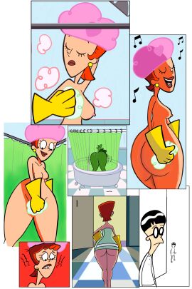 accurate_art_style dexter's_laboratory dexter's_mom female glasses gloves latex_gloves mandark meme_reference red_hair rubber_gloves shower shower_cap showering sketchepe towel towel_only yellow_gloves