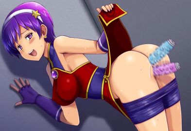 1girls anal athena_asamiya big_ass big_breasts breasts dildo double_penetration female female_focus from_behind hairband king_of_fighters light-skinned_female light_skin purple_eyes purple_hair pussy pussy_juice short_hair skirt skirt_lift star star_(symbol) the_king_of_fighters_2001 tsumitani tsumitani_daisuke vibrator wet wet_pussy