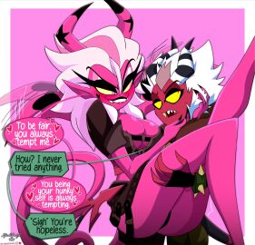 1boy 1girls aless_(corazonarts) ass bare_shoulders big_breasts biting_lip blush breasts color corazonarts demon demon_boy demon_horns demon_tail english_text female helluva_boss hi_res large_breasts long_hair looking_at_viewer male male/female succubus succubus_horns succubus_tail succubus_wings tagme text thick_thighs verosika_mayday_(helluva_boss)