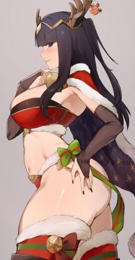 armor bikini bikini_armor black_hair black_nails breasts cape christmas female fire_emblem fire_emblem_awakening fire_emblem_heroes kataku_musou long_glove long_hair nintendo profile swimsuit tagme tharja_(fire_emblem) thighhighs thighs