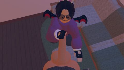 bat bat_wings demithefemboy05 enjoying femboy glasses gloves handjob happy male purple_hair purpliep_(rec_room) rec_room rec_room_avatar room