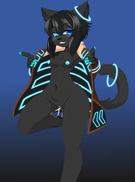 anthro asian_mythology black_body black_fur black_hair blacklight blue_eyes blushing_profusely bodily_fluids cat-sith celtic_mythology clothed clothing coat east_asian_mythology european_mythology felid feline female flashing fur genital_fluids genitals glowing glowing_genitalia glowing_nipples glowing_pussy glowstick hair heterochromia hi_res hooded_jacket japanese_mythology luci_(bakenecro) luci_ferin mammal mythology neon nghi nipples open_clothing open_coat open_topwear pussy science_fiction solo streetwear techwear topwear vaginal_fluids yokai