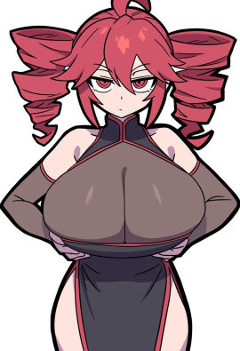 1girls 2d 2d_(artwork) ahoge alicesz alternate_version_available armwear bare_shoulders bodysuit breast_lift breast_slider breasts cleavage cleavage_cutout cleavage_overflow clothed clothed_female clothing colored_hair curvaceous curvy curvy_female curvy_figure dress expressionless female female_only fully_clothed gigantic_breasts hands_on_breasts holding_breast huge_breasts kasane_teto large_breasts looking_at_viewer massive_breasts red_eyes red_hair skindentation slider slider_(control) solo solo_female text thick_thighs thighs top_heavy twin_drills utau white_background