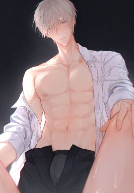 1boy 1girls abs blue_eyes bulge bulge_through_clothing clothed female female_pov hickey legs_apart looking_at_viewer love_and_deep_space male muscular on_bed silver_hair xavier_(love_and_deep_space) y/n