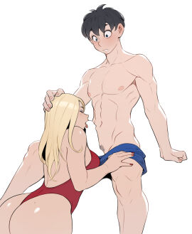 1boy ass backless_swimsuit bare_arms bare_shoulders black_hair blank_censor blonde_hair blue_eyeshadow breasts censored character_request cheshirrr closed_eyes commentary copyright_request english_commentary eyeshadow fellatio female hand_on_another's_head hand_on_another's_knee highres large_breasts licking licking_penis long_hair makeup male male_pubic_hair male_swimwear muscular muscular_male nail_polish navel nipples one-piece_swimsuit oral penis pubic_hair red_nails red_one-piece_swimsuit simple_background straight swim_trunks swim_trunks_pull swimsuit white_background
