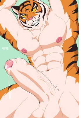 2:3 4pie animated anthro balls bara bared_teeth bodily_fluids digital_media_(artwork) epic_games erection felid feline fortnite fur genital_fluids genitals hi_res humanoid_genitalia looking_at_viewer male male_only mammal muscular muscular_male nipples nude oscar_(fortnite) pantherine penis pixel_(artwork) pixel_animation precum short_playtime simple_background smile solo teeth tiger yaoi