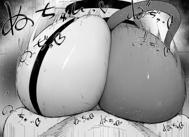 1boy 1girls ass ass_grab big_ass bodysuit deep_penetration female female_focus hoyoverse jane_doe_(zenless_zone_zero) japanese_text kurotama male mihoyo mihoyo_technology_(shanghai)_co._ltd. monochrome sex stuck_in_wall sweat tail text zenless_zone_zero