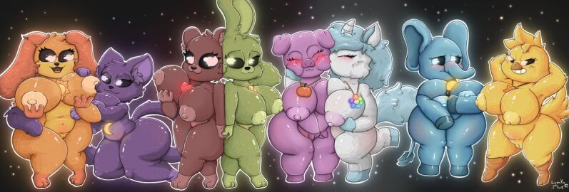 anthro anthro_on_anthro anthro_only bear bobby_bearhug bubba_bubbaphant bunny canine catnap catnap_(poppy_playtime) chicken crafty_corn craftycorn critters_(poppy_playtime) cyan_body cyan_fur cyan_hair cyan_skin cyan_tail dogday dogday_(poppy_playtime) doggy domestic_cat domestic_dog domestic_pig domestic_rabbit elephant feline female female/female female_only furry_only gallus gallus_(genus) green_body green_fur green_skin hoppy_hopscotch hoppy_hopscotch_(poppy_playtime) kickinchicken kickinchicken_(poppy_playtime) lumxumue mythology no_humans orange_fur orange_skin picky_piggy_(poppy_playtime) pickypiggy pig pink_belly pink_body pink_fur pink_skin poppy_playtime poppy_playtime_(chapter_3) purple_fur purple_skin rabbit red_body red_fur red_skin rule_63 sex smiling_critters tagme trunk trunk_(anatomy) unicorn unicorn_horn white_body white_fur white_skin yellow_body yellow_fur yellow_skin