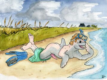 2016 5_toes animal_genitalia animal_penis beach bottlenose_dolphin bottomwear bottomwear_around_legs brown_hair cetacean cetacean_genitalia cetacean_penis clothing clothing_around_legs cloud dolphin erection feet feral fin flukes fused_fingers fused_legs genitals grass green_clothing green_eyes green_swimming_trunks green_swimwear grey_body hair human human_to_feral icaron lying male male_focus male_only mammal marine mid-transformation oceanic_dolphin on_front open_mouth outside penis plant sand sea shorts shorts_around_legs signature snorkel solo species_transformation swimming_fins swimming_trunks swimwear tapering_penis teeth toes toothed_whale touching_nose traditional_media_(artwork) transformation tree water watercolor_(artwork)