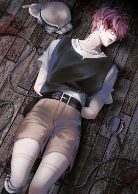 1boy bamby_(plave) belt blood_drip bruise bruised bruises color defeated faint hair_over_eyes kpop male male_focus male_only on_the_floor on_the_ground pink_hair plave shorts small_thighs tagme thighs unconscious virtual_group