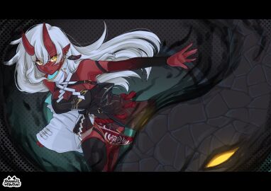 akumi artist_name bare_shoulders black_legwear breasts cleavage demon demon_girl female hair_between_eyes horns jewelry large_breasts letterboxed long_hair long_sleeves looking_at_viewer monster_girl oni oni_horns pointy_ears ponytail red_skin sitting solo thighhighs very_long_hair virtual_youtuber vyugen white_hair yellow_eyes