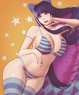 ass big_ass big_butt big_thighs big_titties blue_bra blue_panties bra breasts clothing curvaceous curvaceous_female curvaceous_figure curvy curvy_figure curvy_hips female female_focus female_only green_eyes looking_at_viewer multicolored_hair panties panty_&_stocking_with_garterbelt purple_hair stocking_anarchy striped_bra striped_panties underwear vyor