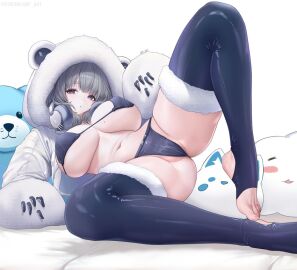 1girls abpart ass bear_ears big_breasts bikini black_bikini black_legwear breasts covered_pussy covering_breasts covering_pussy curvy curvy_body curvy_female curvy_figure fake_animal_ears feet feet_out_of_frame female female_focus female_only fluffy fluffy_jacket fluffy_legwear goddess_of_victory:_nikke grey_eyes grey_hair headphones hips huge_breasts jacket legwear light-skinned_female light_skin looking_at_viewer lying lying_on_bed neve_(nikke) nipple_bulge nipples_visible_through_clothing no_pants no_shirt no_shoes on_bed plushie posing posing_for_the_viewer pussy shiny_legwear short_hair simple_background solo solo_female spread_legs spreading swimsuit white_background white_jacket white_skin white_skinned_female wide_hips