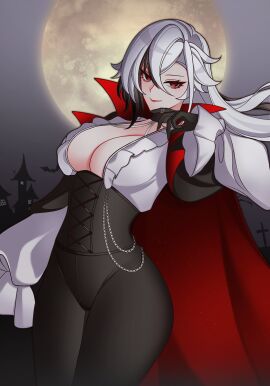 1girls 2025 arlecchino_(genshin_impact) big_breasts black_hair breasts cape charlie_purrito clothed clothing curvy curvy_figure female female_only fully_clothed genshin_impact halloween hi_res hoyoverse light-skinned_female mihoyo moon multicolored_hair red_eyes smile solo thick_thighs thighs white_hair