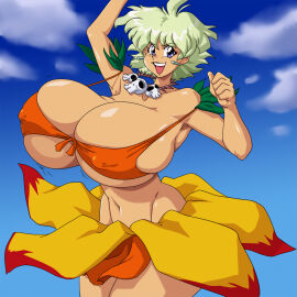 1girls bare_shoulders big_breasts bikini blonde_hair blue_eyes bouncing_breasts breasts breasts_bigger_than_head busty cleavage clothed clothed_female clothing cowboy_shot curvy dancing dark-skinned_female dark_skin earrings female female_only fertility_goddess flower_skirt goddess hanging_breasts huge_breasts jungle_de_ikou large_breasts leaf looking_at_viewer massive_breasts midriff mii_(jungle_de_ikou) navel necklace nipple_bulge orange_top pelvic_curtain short_hair skirt skull_necklace slim_waist smile smiling solo solo_female spiralingstaircase tagme tan_skin tanned_female thick_thighs tribal underboob voluptuous wide_hips