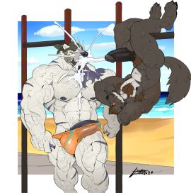 2024 abs absurd_res anthro arm_scar bandana barely_contained barely_contained_penis beach bear black_body black_fur black_penis blue_sky blush bodily_fluids body_hair brown_hair canid canine canis chest_tuft claws cloud cum cum_hose cum_on_chest cum_on_face dated deltoids disappointed duo exercise facial_hair facial_spikes finger_claws fur genital_fluids genitals goatee green_bandanna green_kerchief grimfaust_(nightterror) hair hands_behind_head hanging_upside_down happy_trail hi_res kerchief leg_scar male male/male mammal muscles muscular muscular_anthro muscular_male muscular_thighs navel nex_anima_canis nightterror nipples obliques pawpads pecs penis polar_bear pubes sand scar sea shoulder_scar sidewalk signature sky spikes spikes_(anatomy) sweat toe_claws tuft upside-down ursine vein veiny_muscles walking water white_body white_fur whoops wolf