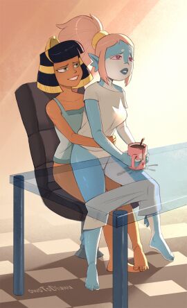 1futa 1girls akila_theoris alien alien/human alien_girl alien_humanoid aroused bangs big_breasts black_hair bottomless breasts cleopatra_in_space cleopatra_philopator clothed clothing coffee_mug dark-haired_futa dark-skinned_futa dark_hair dark_skin dickgirl feet female fish_girl futa_on_female futanari green_eyes grinning holding_belly holding_mug holding_object holding_stomach hot_chocolate hugging hugging_from_behind human humanoid intersex long_hair messy mug owotodiuwu partially_clothed penis pink-haired_female pink_eyes pink_hair ponytail royalty see-through sex shorts_down sitting sitting_on_chair sitting_on_lap sitting_on_penis sitting_on_person table tanktop two-tone_hair white_shirt
