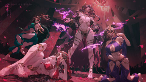 4girls amber_eyes anklet aqua_eyes armlet athletic athletic_female belly_dancer belly_dancer_outfit bocas_top bracelet breasts brown_hair dancer dancer_outfit dancing detached_sleeves drool female fit fit_female harem harem_girl harem_outfit harem_pants huge_breasts jewelry leglet loincloth long_hair looking_at_viewer lots_of_jewelry navel_piercing original original_characters ponytail purple_eyes red_eyes tongue tongue_out tuweibu veil voluptuous