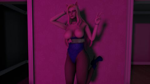 3d ahri belt cat_ears cute_pose female fishnets k/da_all_out_ahri league_of_legends looking_at_viewer one_leg_raised peace_sign posing solo