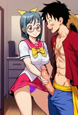 1boy abs ai_generated black_hair blue_hair blush bow breasts crossover erection female glasses handjob hat himenohara_suzuran indoors kanojo_x_kanojo_x_kanojo large_penis looking_at_another looking_at_penis monkey_d_luffy one_piece open_clothes open_mouth open_shirt panties penis penis_grab purple_eyes purple_panties sailor_collar scar scar_on_chest scar_on_face school_uniform serafuku shirt short_hair skirt smile straight straw_hat uncensored underwear veins veiny_penis