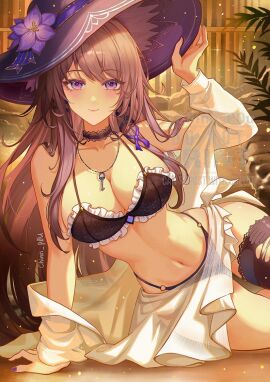 alternate_costume bare_shoulders bikini black_bikini black_choker black_thighhighs breasts check_clothing chinnpou choker closed_mouth collarbone female flower hair_ribbon hat hat_flower herta_(honkai:_star_rail) highres honkai:_star_rail honkai_(series) jewelry key key_necklace lace-trimmed_choker lace_trim large_breasts long_hair looking_at_viewer navel necklace purple_eyes purple_flower purple_ribbon ribbon single_thighhigh smile solo stomach swimsuit swimsuit_cover-up the_herta_(honkai:_star_rail) thighhighs thighs torn_clothes torn_thighhighs very_long_hair witch_hat