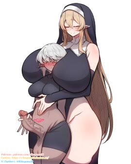 1futa 1girls balls bare_shoulders between_breasts black_dress black_shirt black_shorts black_sleeves blonde_hair blush breasts bright_pupils censored closed_eyes closed_eyes_smile closed_mouth commentary_request cropped_shirt dark_elf detached_sleeves double-parted_bangs dress elf erection female futa_with_female futanari hair_between_eyes hand_on_another's_stomach handjob head_between_breasts heart heart_tattoo highres huge_breasts intersex large_balls large_breasts large_penis large_testicles long_hair looking_down mosaic_censoring multiple_females multiple_girls nun original penis pointy_ears pubic_tattoo reach-around red_eyes rikuguma shirt shorts simple_background smile tattoo testicles white_background white_hair white_pupils