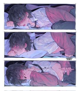 1boy ahe_gao bed biting_finger black_hair blush button_down_shirt cum cum_on_hand degrees_of_lewdity disheveled_clothing fully_clothed genital_fluids green_eyes jerking_off kylar_(dol) long_sleeves male masturbation no_visible_genitalia pillow solo solo_male sweat sweater tie tongue tongue_out trmoft unbuttoned_shirt unzipped_pants