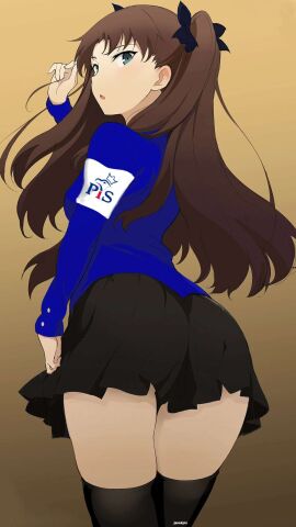 anime anime_girl anime_style armband ass big_ass big_ass_(female) black_skirt black_thighhighs blue_shirt brown_background brown_hair bunches female female_only hairbow high_thighs long_brown_hair long_hair looking_at_viewer looking_back manga manga_page manga_style pis serious serious_look socks soft standing standing_position thighs