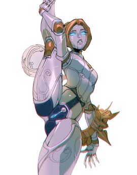 absurdres blonde_hair female highres holding_own_leg humanoid_robot league_of_legends leg_up looking_at_viewer looking_down nude open_mouth orianna pussy riot_games robot robot_girl simple_background solo split standing standing_on_one_leg standing_split treslech3s white_background