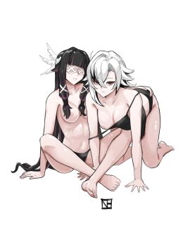 2girls arlecchino_(genshin_impact) black_hair clothing columbina_(genshin_impact) fatui female female_only genshin_impact long_hair multiple_females multiple_girls nude nude_female short_hair twintails underwear white_hair