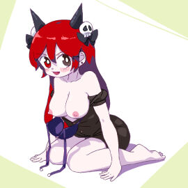 bra breasts collarbone demon_horns earrings feet female female_only heterochromia long_hair nipples nyanyamo_daowa on_knees pale_skin partially_clothed red_hair sisofu towelket_one_more_time