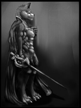 abs anthro canid canine cape chumbasket clothing foreskin full-length_portrait genitals hi_res holding_melee_weapon holding_object holding_sword holding_weapon humanoid_genitalia humanoid_penis looking_at_viewer male male_anthro mammal melee_weapon monochrome mostly_nude muscular muscular_anthro muscular_male narrowed_eyes nipples pecs penis portrait side_view simple_background solo standing sword uncircumcised weapon