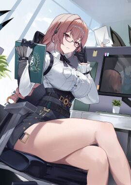 3girls absurdres adversarial_noise animal_ears bare_legs black-framed_eyewear black_gloves black_ribbon black_skirt book breasts chair commentary crossed_legs dress_shirt dutch_angle earpiece female fox_ears glasses gloves hair_between_eyes hand_up high-waist_skirt highres holding holding_book holding_paper hoshimi_miyabi huge_breasts indoors legs long_hair long_sleeves looking_at_viewer maanu monitor multiple_females multiple_girls neck_ribbon office office_chair on_chair paper parted_lips pink_eyes pink_hair ribbon semi-rimless_eyewear shirt sidelocks sitting skirt solo_focus soukaku_(zenless_zone_zero) swivel_chair thighs tsukishiro_yanagi under-rim_eyewear underbust white_shirt zenless_zone_zero