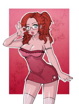 ass belly big_ass big_butt bracelet breasts cleavage curly_hair diplomacyraptor diplomacyraptor_oc female female_only fully_clothed fur_trim glasses green_eyes jewelry light-skinned_female light_skin lillian_(diplomacyraptor) lipstick long_hair medium_breasts nightgown pale-skinned_female pale_skin ponytail red_dress red_hair red_lipstick skin_tight sleep_wear star_pattern stockings thick_hips thick_thighs thighhighs white_stockings