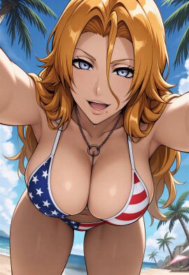 1girls 4k 4k_resolution 8k ai_generated american_flag_bikini beach beachside beautiful beautiful_girl bending_over bikini bleach blue_eyes breasts breasts_focus cleavage female female_focus female_only hi_res high_resolution highres holding_camera large_breasts long_hair looking_at_viewer matsumoto_rangiku necklace ocean open_mouth orange_hair selfie solo solo_female solo_focus upscaled