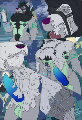 anthro black_body black_fur black_nipples blue_penis city clock clothing duo ear_piercing ear_ring forced_transformation fur genitals glowing glowing_genitalia glowing_penis goo_transformation grey_body grey_fur hi_res hypnotic_eyes indigodigitalos latex latex_clothing latex_skinsuit latex_transformation male male/male mihoyo muscular muscular_anthro muscular_male nipple_piercing nipple_ring nipples penis piercing purple_body purple_fur ring_piercing skinsuit solo tight_clothing transformation von_lycaon watch white_body white_fur white_latex yellow_body yellow_fur zenless_zone_zero