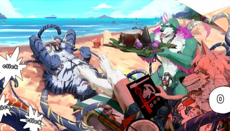 absurd_res anthro bara beach beach_chair beard bent_legs blue_body blue_fur bondage bottomwear canid canine canis chastity_cage chastity_cage_only chastity_device chastity_device_only closed_eyes clothed clothed/nude clothing cum_while_chaste cum_while_urethral_penetration devilish_grin dialogue dragonsmint ejaculation eye_scar facial_hair facial_scar feet felid foot_fetish foot_lick foot_on_face foot_play fur gay gay_male green_body green_fur grin group hair hi_res kerner04380771 kneeling licking lying male male/male mammal nipple_fetish nipple_play nude on_back pantherine paw_pose penetration petplay pose roleplay sand scar seaside shorts sitting slave smile submissive submissive_male tattoo tentacle tentacle_around_leg tiger tongue tongue_out trio urethral urethral_penetration white_beard white_body white_facial_hair white_hair wolf yaoi yellow_eyes