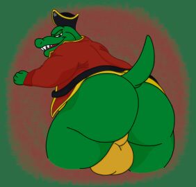 anthro ass backsack balls ballsack belt big_ass big_balls big_butt brown_eyes clothing coat crocodilian donkey_kong_(series) fist genitals gold_balls gold_trim green_body half-closed_eyes hi_res k_rool kremling looking_at_viewer looking_back male narrowed_eyes nintendo open_mouth perineum pirate_hat presenting presenting_hindquarters raised_tail reptile scalie smile smirk solo tail teeth tongue topwear waniiime