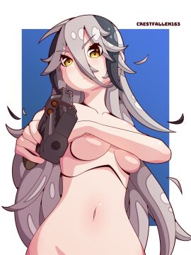 1girls angry_face arm_covers_breast artist_name blue_background breasts completely_nude crestfallen163 doll_joints female girls'_frontline gun hair hair_between_eyes half_body light-skinned_female light_skin medium_breasts nipples nude pale-skinned_female pale_skin revolver rhino_(girls_frontline) self_upload simple_background two-tone_hair underboob white_hair yellow_eyes