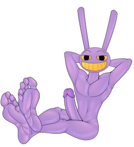 5_toes absurd_res anthro crossed_legs erection feet genitals glitch_productions hands_behind_head hi_res humanoid humanoid_feet jax_(tadc) jax_(the_amazing_digital_circus) lagomorph leporid male mammal nude penis plantigrade rabbit soles solo the_amazing_digital_circus toes transparent_background vendetta892