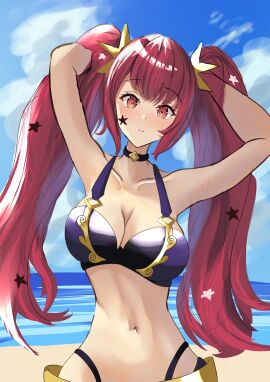 1girls absurdres alternate_costume alternate_hairstyle arerex beach bikini black_choker breasts choker cleavage facial_mark female female_only fire_emblem fire_emblem_engage hair_ornament highres large_breasts long_hair looking_at_viewer nintendo ocean outdoors purple_bikini purple_swimsuit red_eyes red_hair solo star_(symbol) star_facial_mark star_hair_ornament swimsuit twintails very_long_hair yunaka_(fire_emblem)