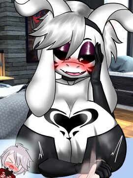 1boy 1girls anthro armwear armwrestling asriel_dreemurr asriel_dreemurr_(god_form) big_breasts bikini bikini_top black_bikini bra breasts choker demon demon_girl female female_asriel female_focus horns huge_breasts laughing laughing_at_viewer long_gloves looking_at_viewer male mtvoomer point_of_view pov purple_eyelids relaxed relaxed_expression rule_63 smug tattoo_on_chest tits_bigger_than_head undertale undertale_(series) white_body white_eyes white_fur white_hair yunaka